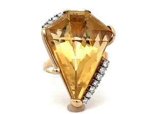 Diamond Shaped Citrine & Diamond Cocktail Ring in 14k Yellow Gold