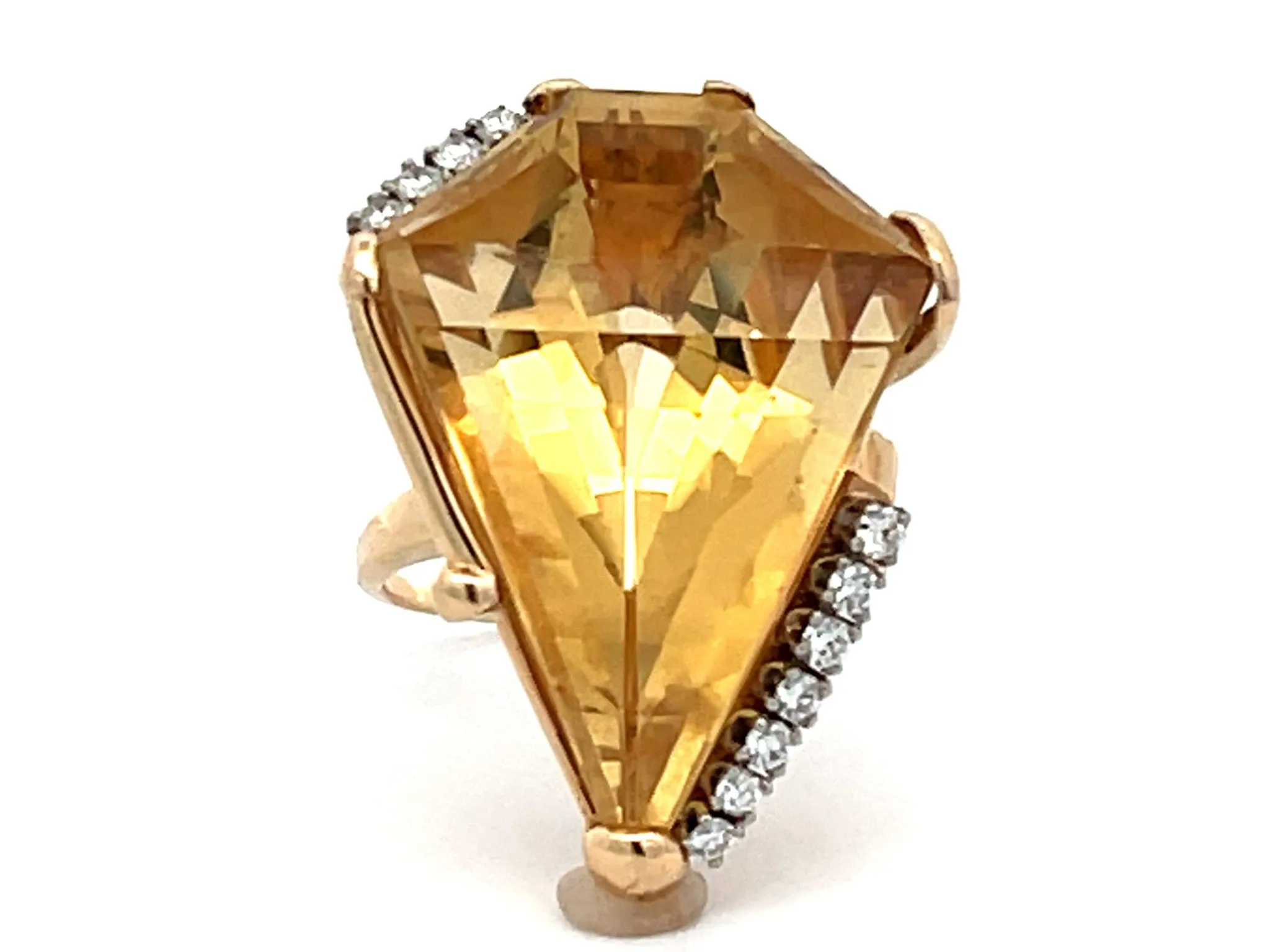 Diamond Shaped Citrine & Diamond Cocktail Ring in 14k Yellow Gold