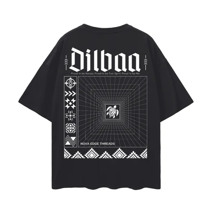 Dilbaa Two-Spirit and Navajo Nation Pride Graphic Tee Streetwear Style Black Oversize Deep Drop Shoulder Tee - 190 GSM