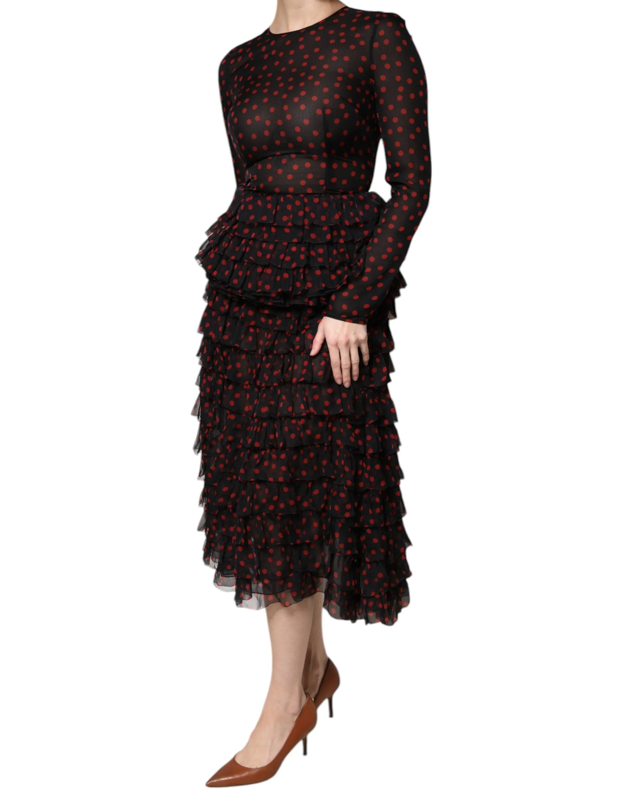 Dolce&Gabbana Women Black Red Dress Silk Polka Dot Layered A-Line Gown Sz IT 40