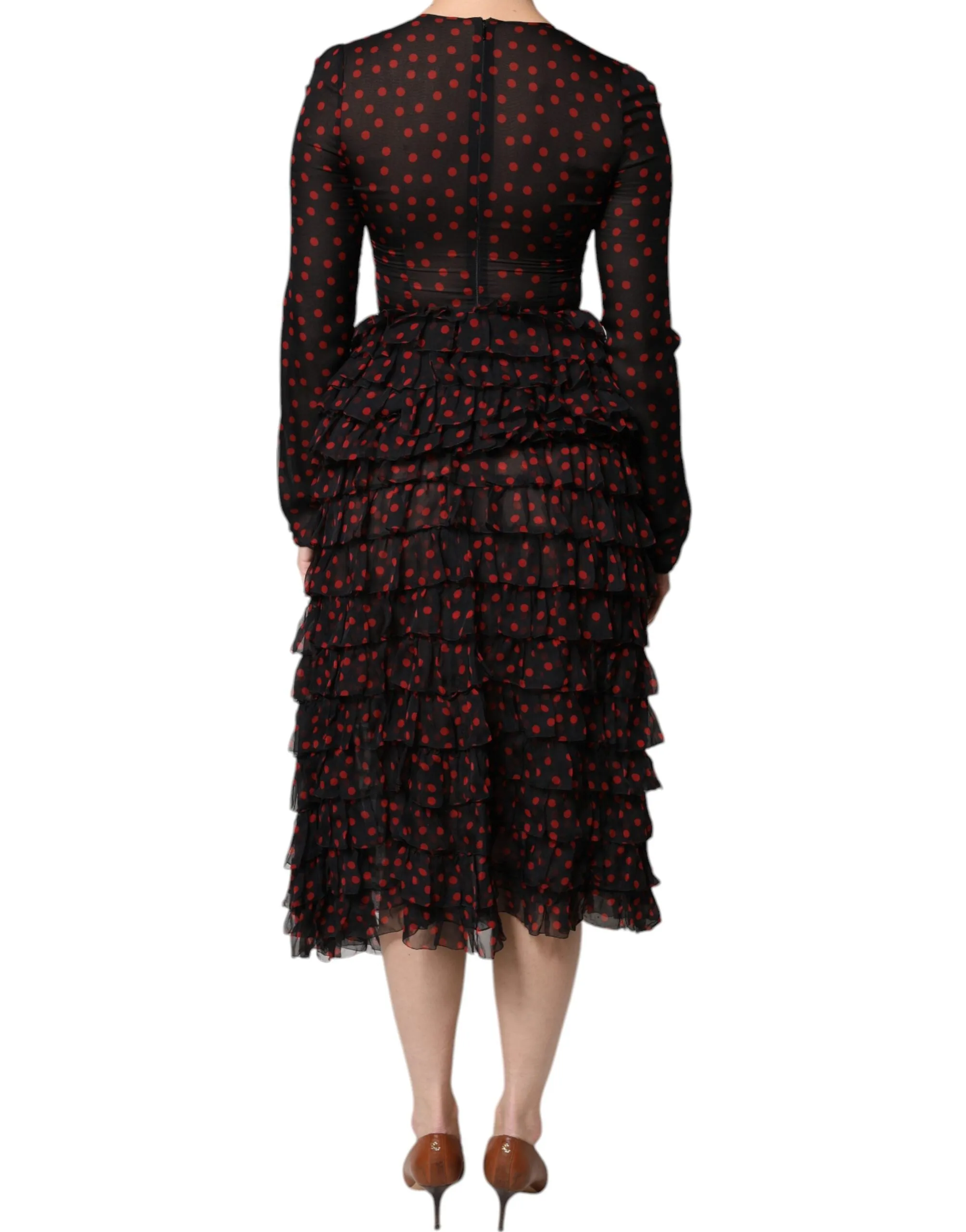 Dolce&Gabbana Women Black Red Dress Silk Polka Dot Layered A-Line Gown Sz IT 40