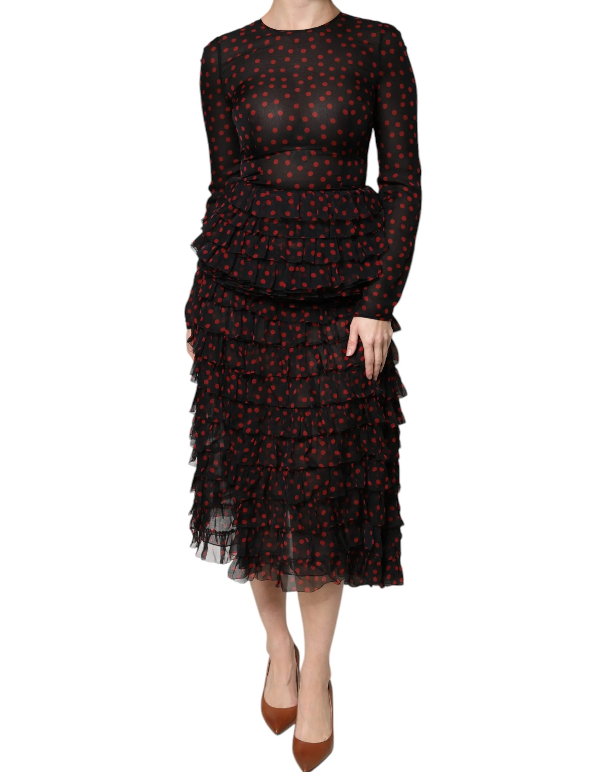 Dolce&Gabbana Women Black Red Dress Silk Polka Dot Layered A-Line Gown Sz IT 40