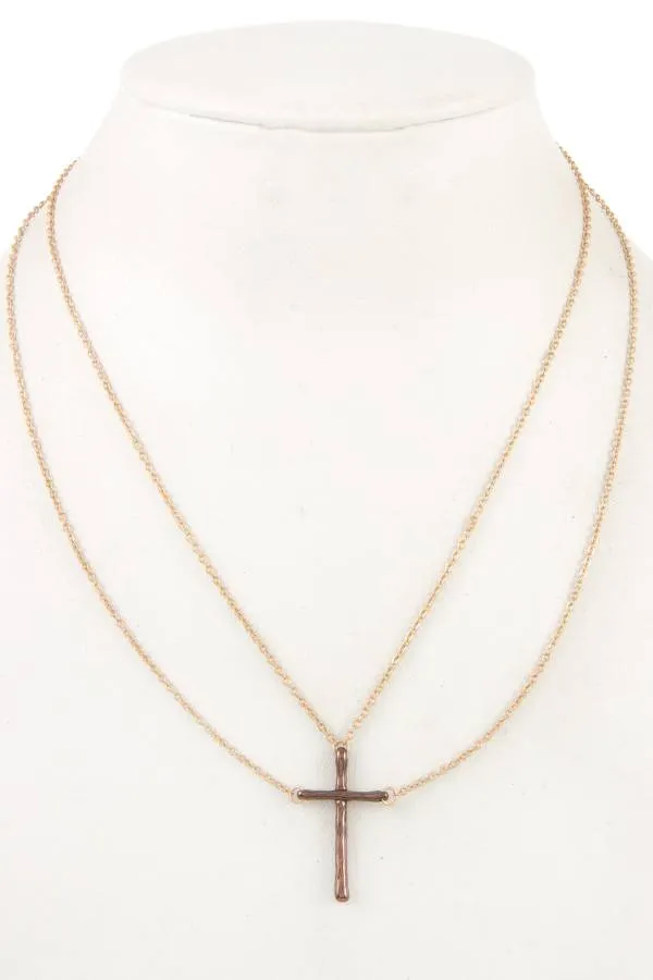Double chain cross pendant necklace