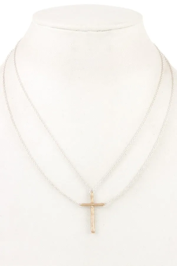 Double chain cross pendant necklace