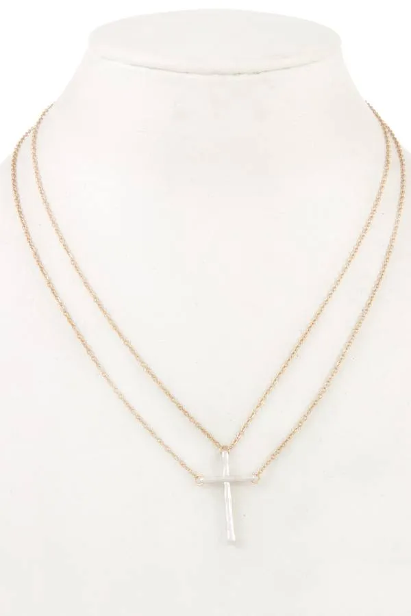 Double chain cross pendant necklace