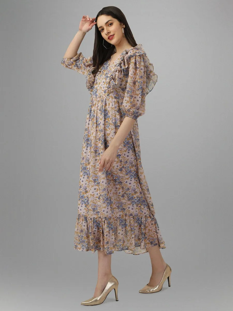 dresses for Women western wear Cream Floral Maxi Dress