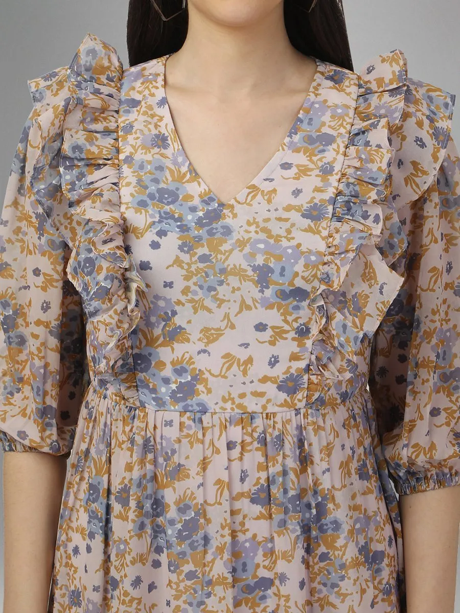 dresses for Women western wear Cream Floral Maxi Dress