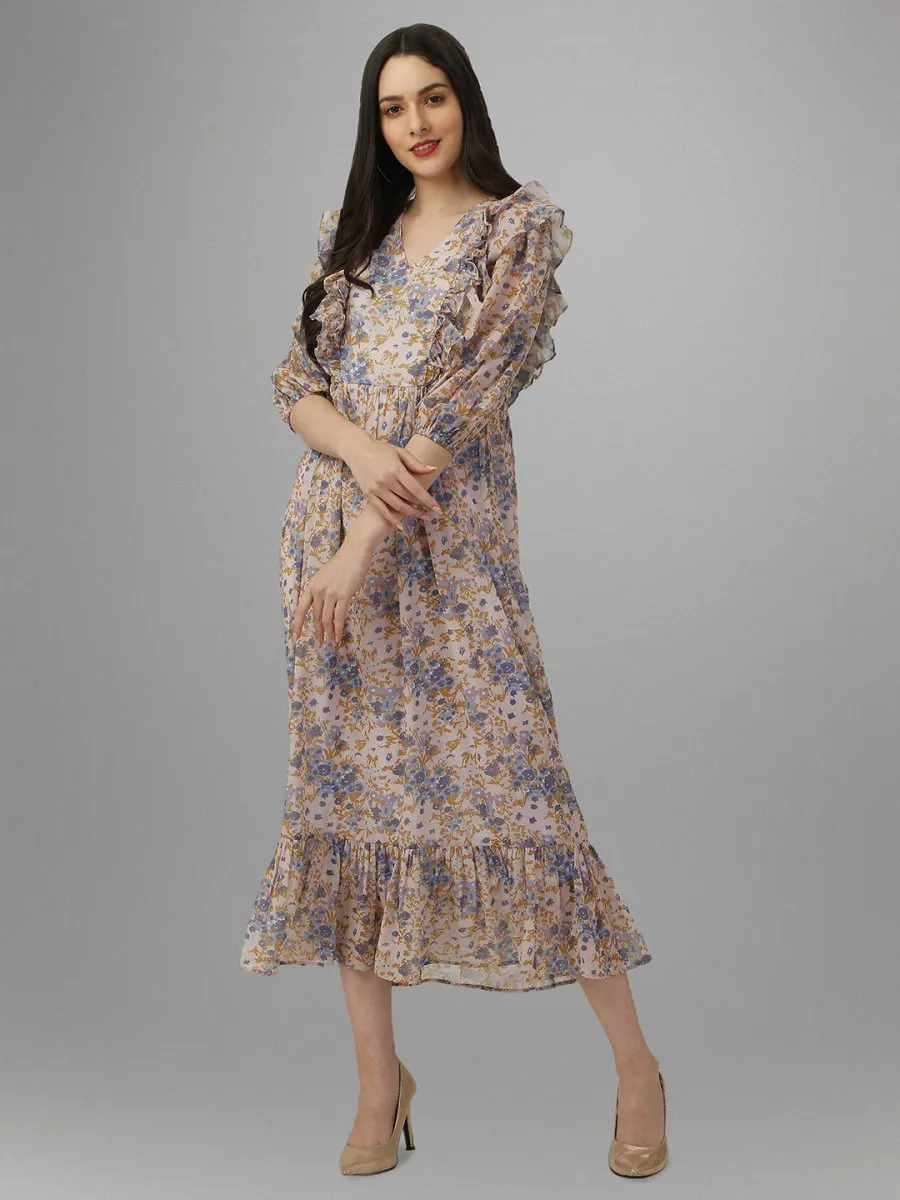 dresses for Women western wear Cream Floral Maxi Dress