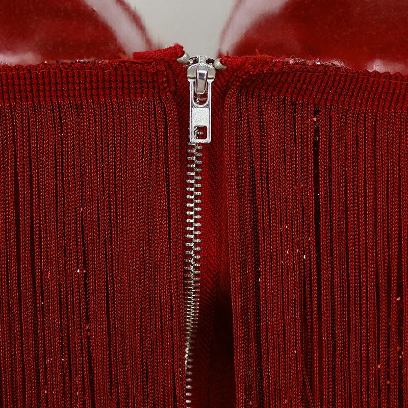 Early Spring New Solid Color Tassel Sequins Stripes Deep V Exposed Chest Back Stitching Package Hip Skirt