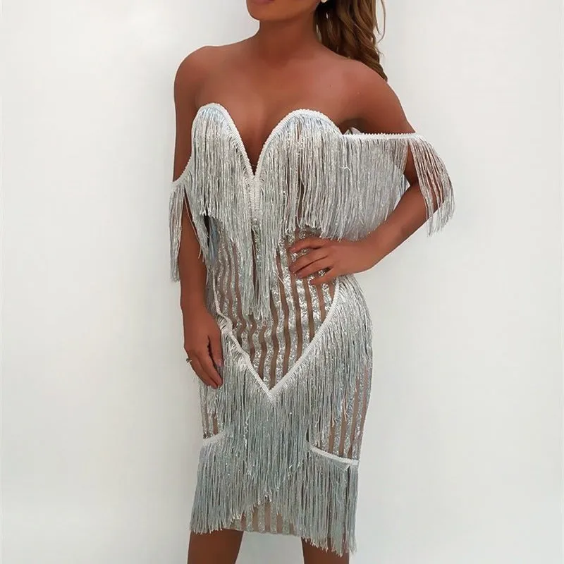 Early Spring New Solid Color Tassel Sequins Stripes Deep V Exposed Chest Back Stitching Package Hip Skirt