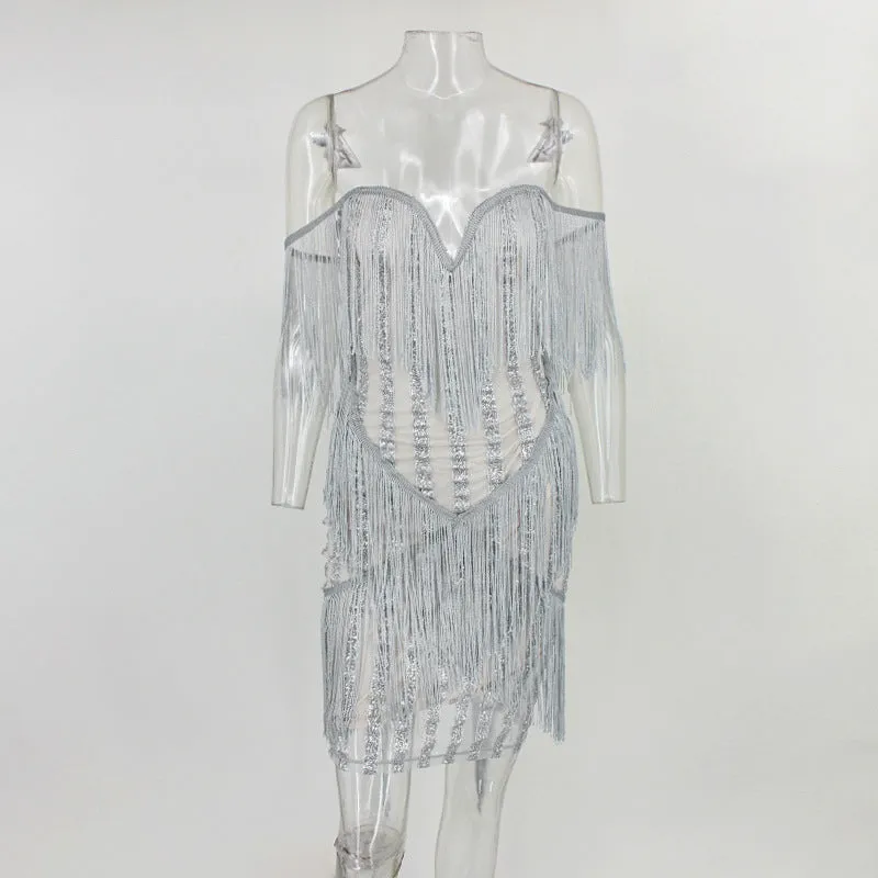 Early Spring New Solid Color Tassel Sequins Stripes Deep V Exposed Chest Back Stitching Package Hip Skirt