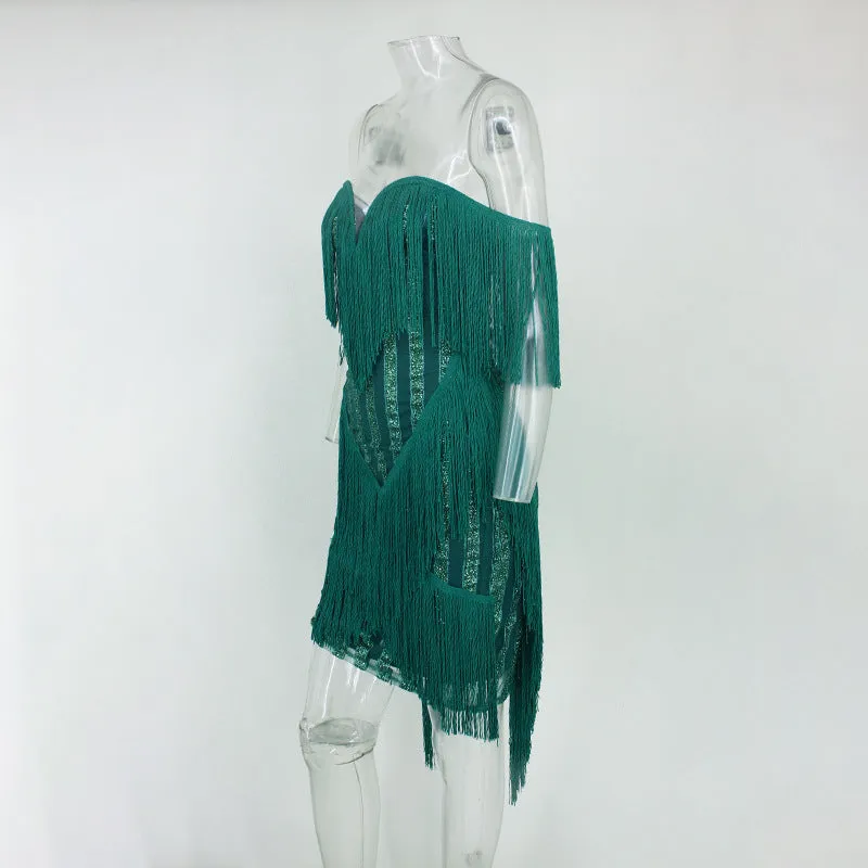 Early Spring New Solid Color Tassel Sequins Stripes Deep V Exposed Chest Back Stitching Package Hip Skirt