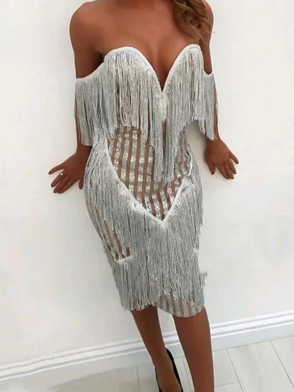 Early Spring New Solid Color Tassel Sequins Stripes Deep V Exposed Chest Back Stitching Package Hip Skirt