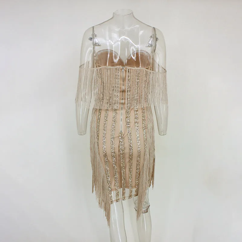 Early Spring New Solid Color Tassel Sequins Stripes Deep V Exposed Chest Back Stitching Package Hip Skirt
