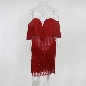Early Spring New Solid Color Tassel Sequins Stripes Deep V Exposed Chest Back Stitching Package Hip Skirt