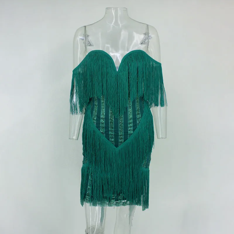 Early Spring New Solid Color Tassel Sequins Stripes Deep V Exposed Chest Back Stitching Package Hip Skirt