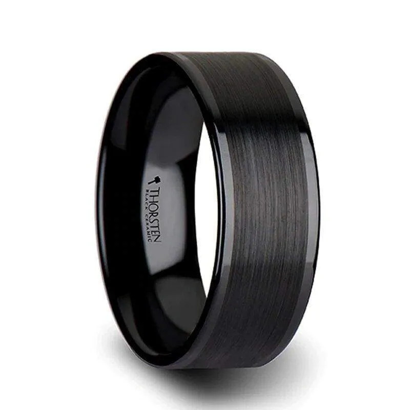Echan Couple's Black Ceramic Wedding Band Set And Brush Center - 4mm - 12mm