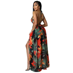 Elegant Backless Maxi Long Dress Women's Floral Halter V-neck Dress with Chain & Split