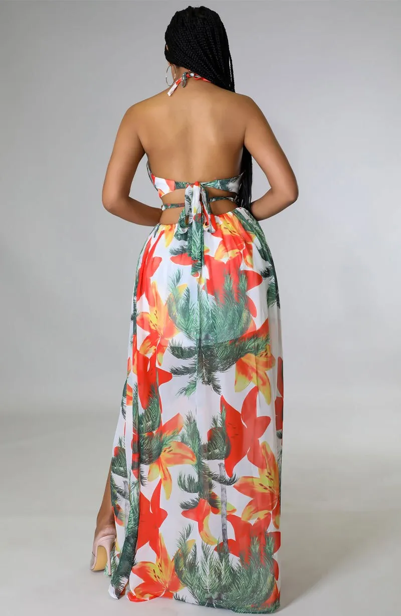 Elegant Backless Maxi Long Dress Women's Floral Halter V-neck Dress with Chain & Split