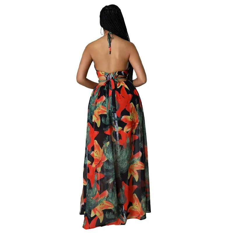 Elegant Backless Maxi Long Dress Women's Floral Halter V-neck Dress with Chain & Split