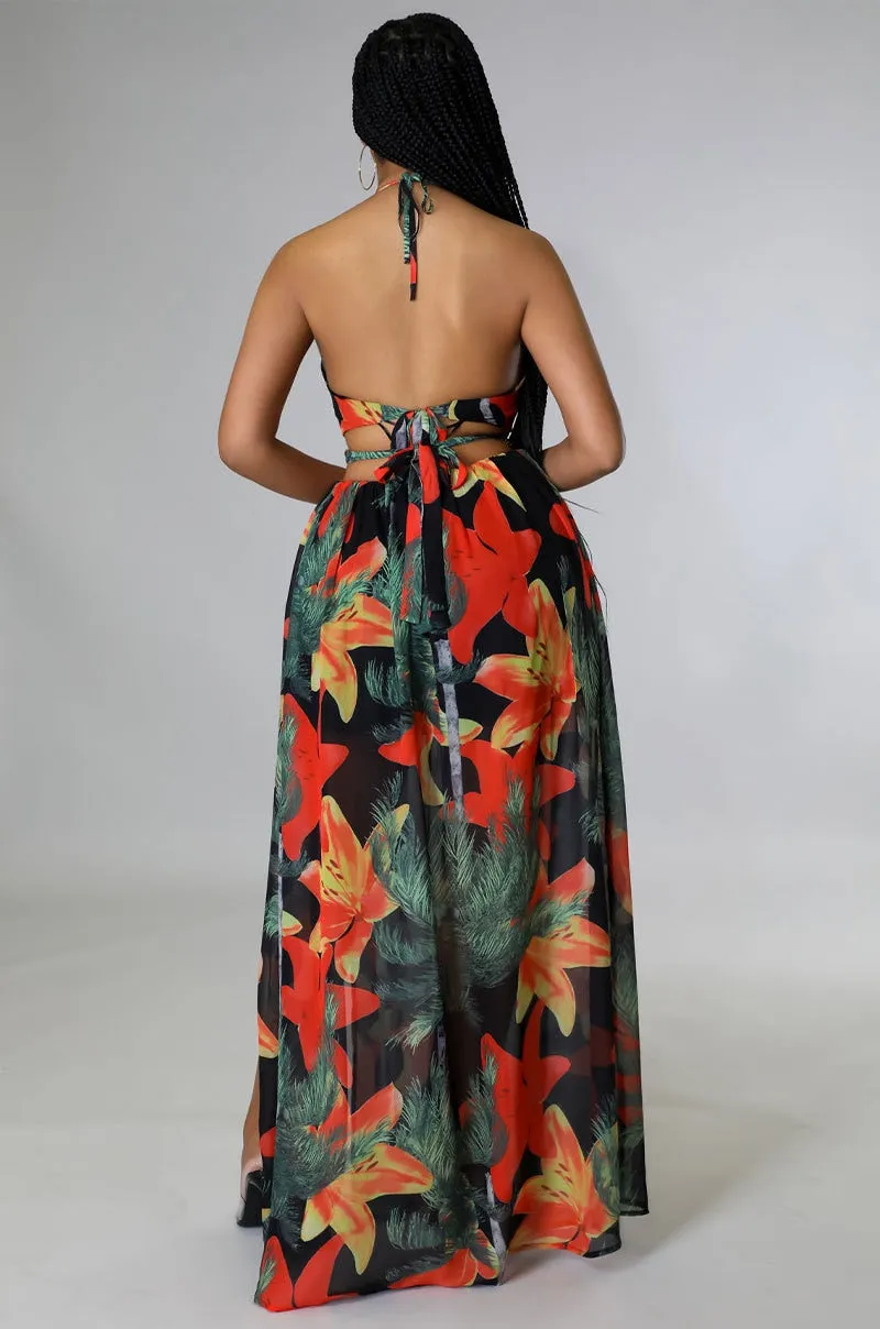 Elegant Backless Maxi Long Dress Women's Floral Halter V-neck Dress with Chain & Split