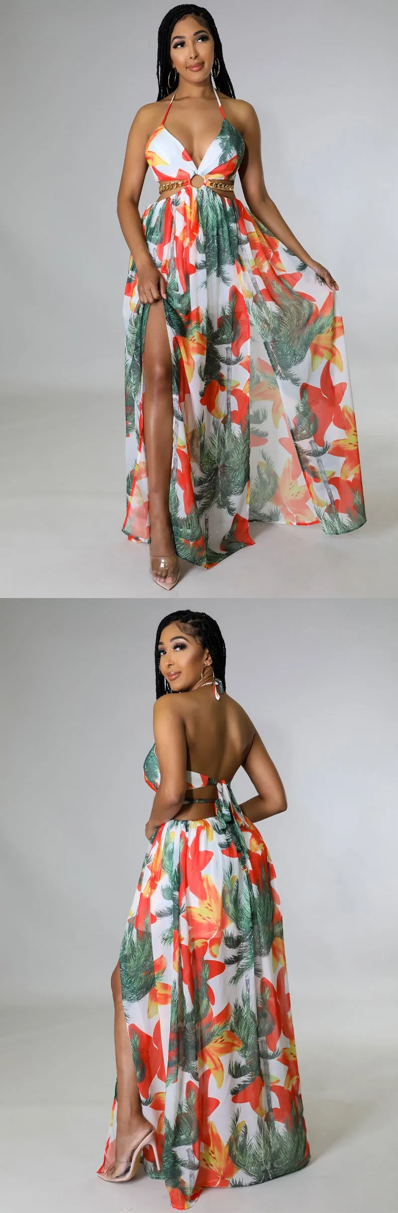 Elegant Backless Maxi Long Dress Women's Floral Halter V-neck Dress with Chain & Split