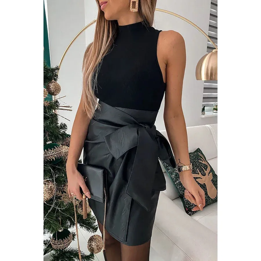 Elegant Fashion Bow PU Leather Skirts Women Mini Pencil Skirts Office Lady Solid Color High Waist Slim Bottoms Skirts