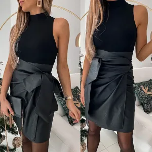 Elegant Fashion Bow PU Leather Skirts Women Mini Pencil Skirts Office Lady Solid Color High Waist Slim Bottoms Skirts