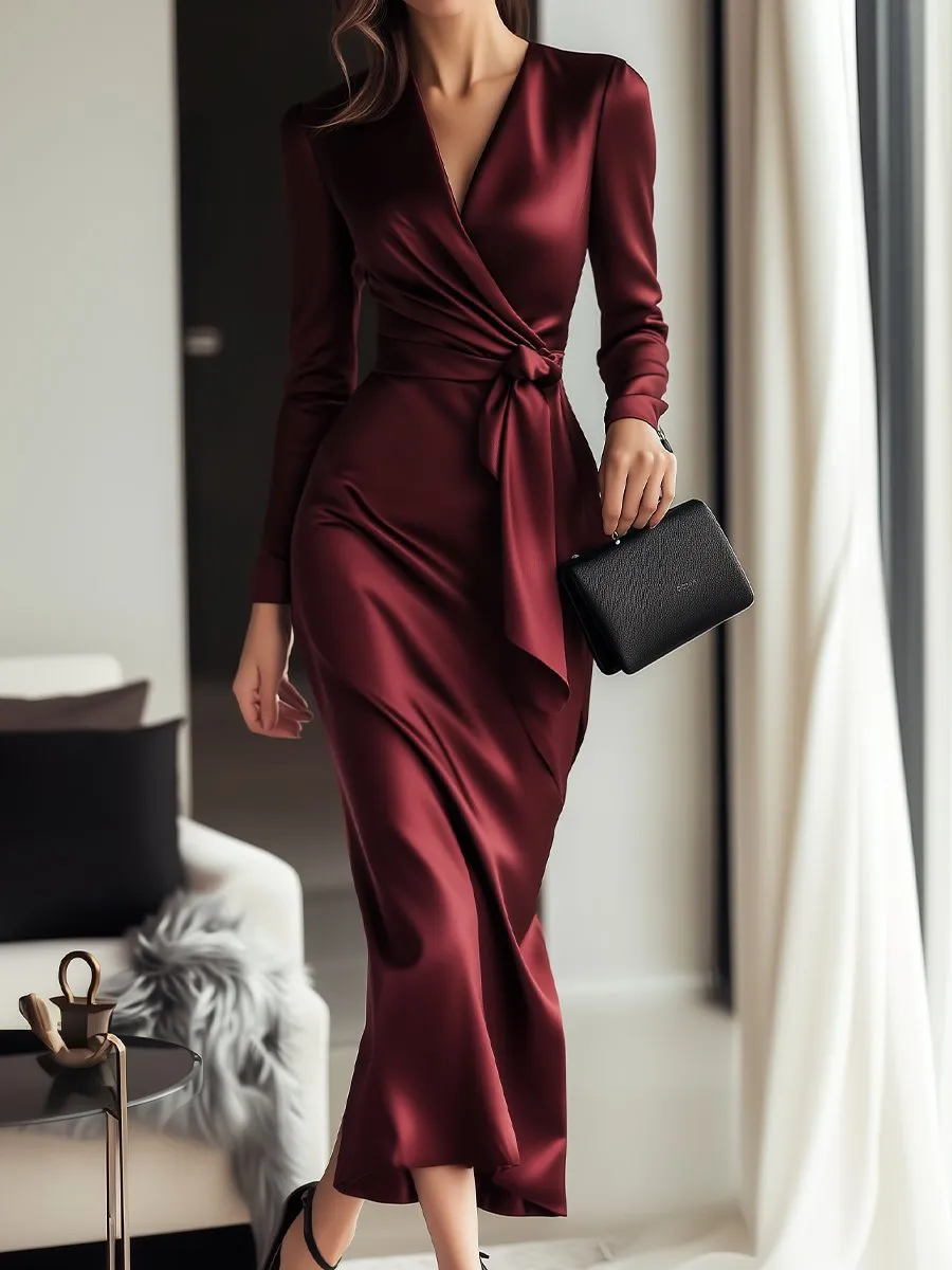 Elegant Satin Wrap Dress in Deep Burgundy