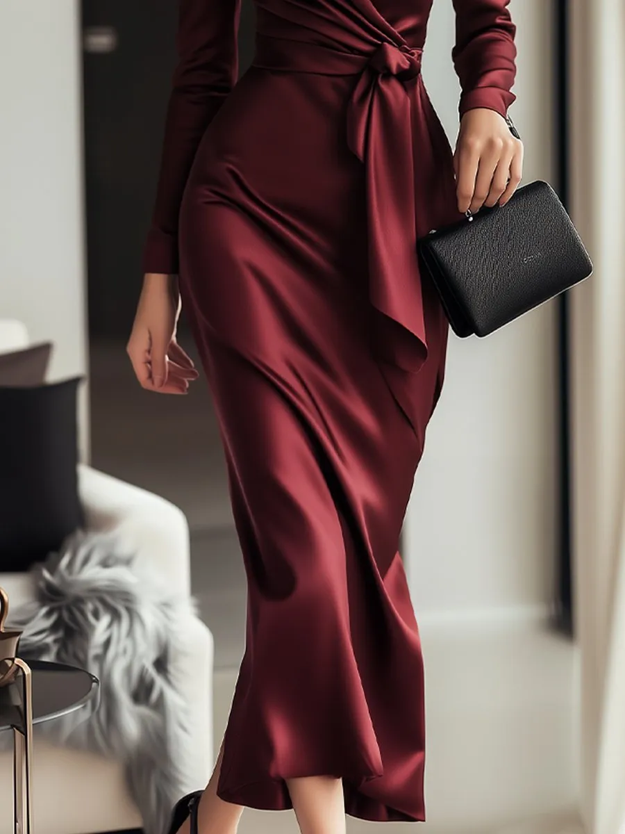 Elegant Satin Wrap Dress in Deep Burgundy