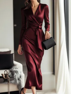 Elegant Satin Wrap Dress in Deep Burgundy