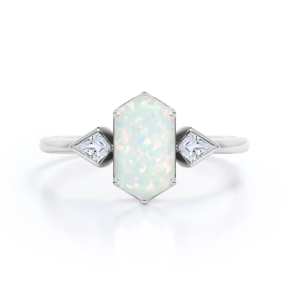 Elongated 1.10 carat Hexagonal Opal and marquise diamond bezel set engagement ring in Black gold