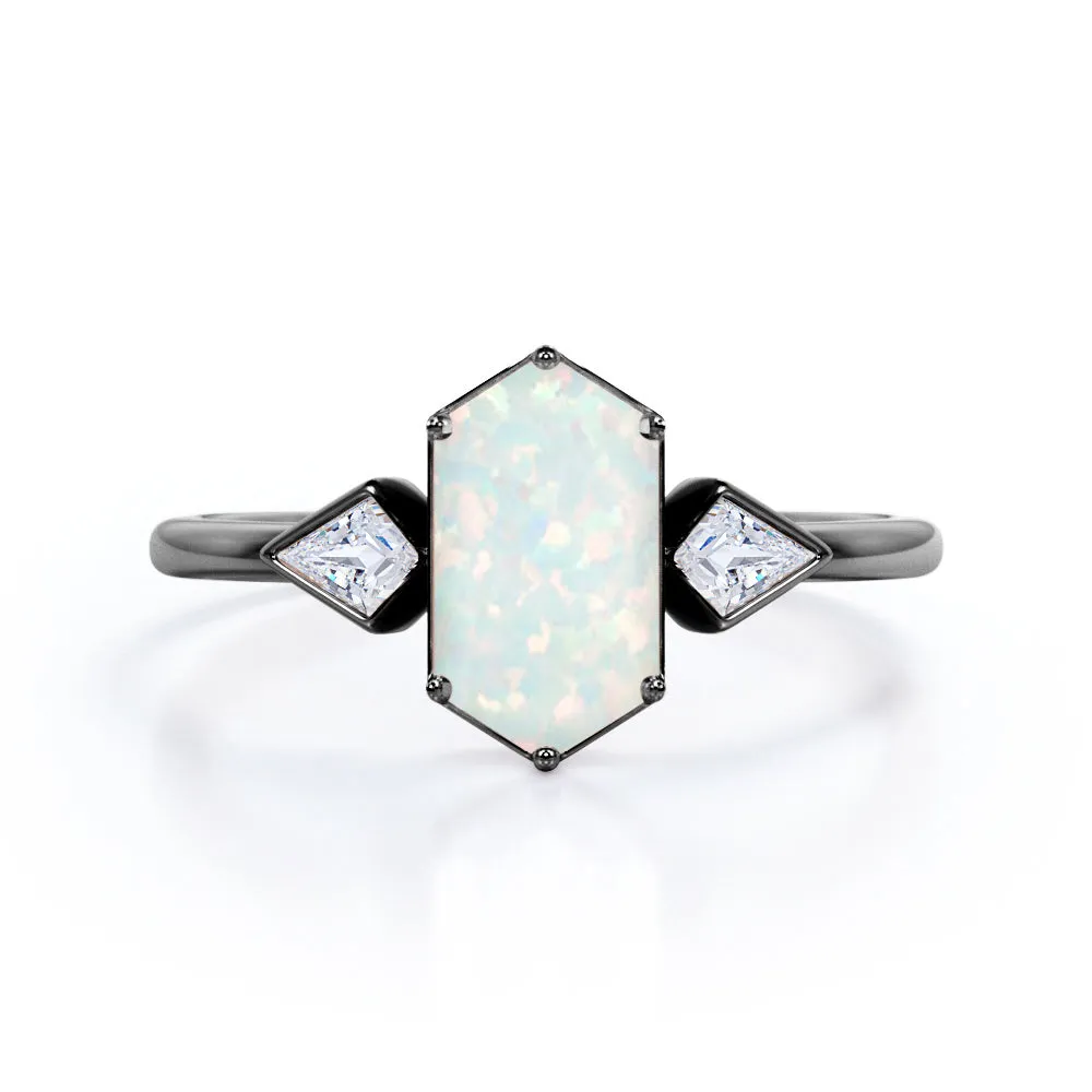 Elongated 1.10 carat Hexagonal Opal and marquise diamond bezel set engagement ring in Black gold