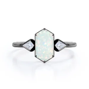Elongated 1.10 carat Hexagonal Opal and marquise diamond bezel set engagement ring in Black gold