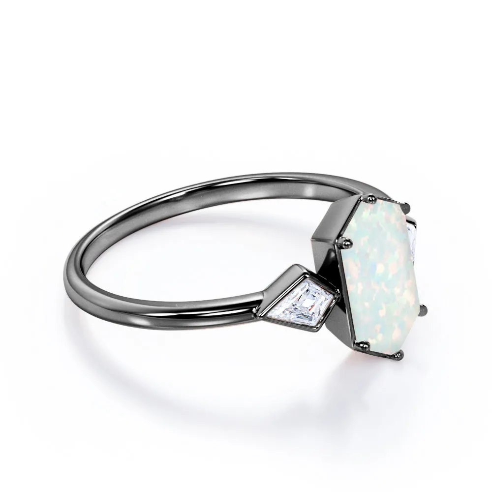 Elongated 1.10 carat Hexagonal Opal and marquise diamond bezel set engagement ring in Black gold