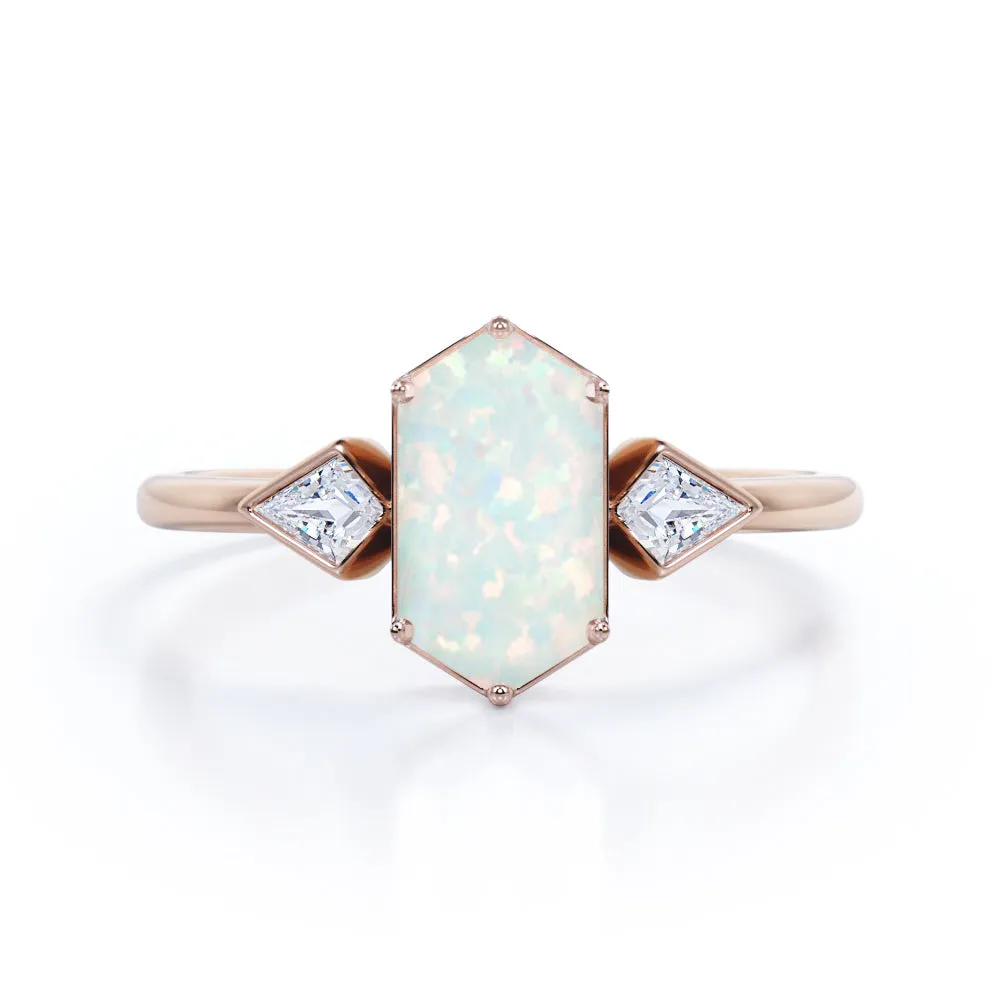 Elongated 1.10 carat Hexagonal Opal and marquise diamond bezel set engagement ring in Black gold