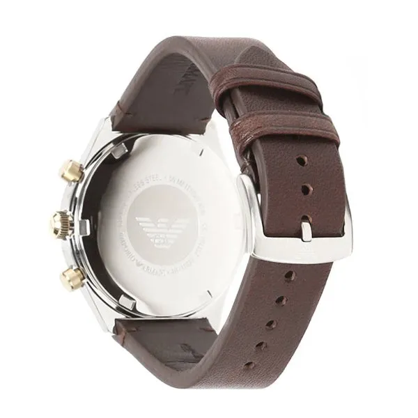 EMPORIO ARMANI Sport Brown Leather Strap White Dial Chronograph Quartz Watch for Gents - AR11033
