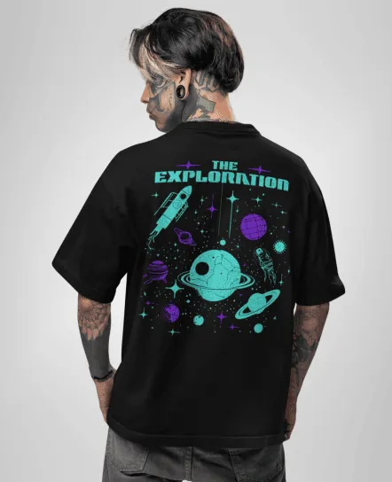 Explorer Black Printed Oversized T-shirt | Drop Shoulder T-shirt
