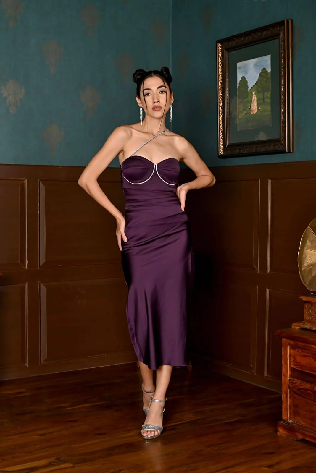 Falling hard - purple embellished satin dress