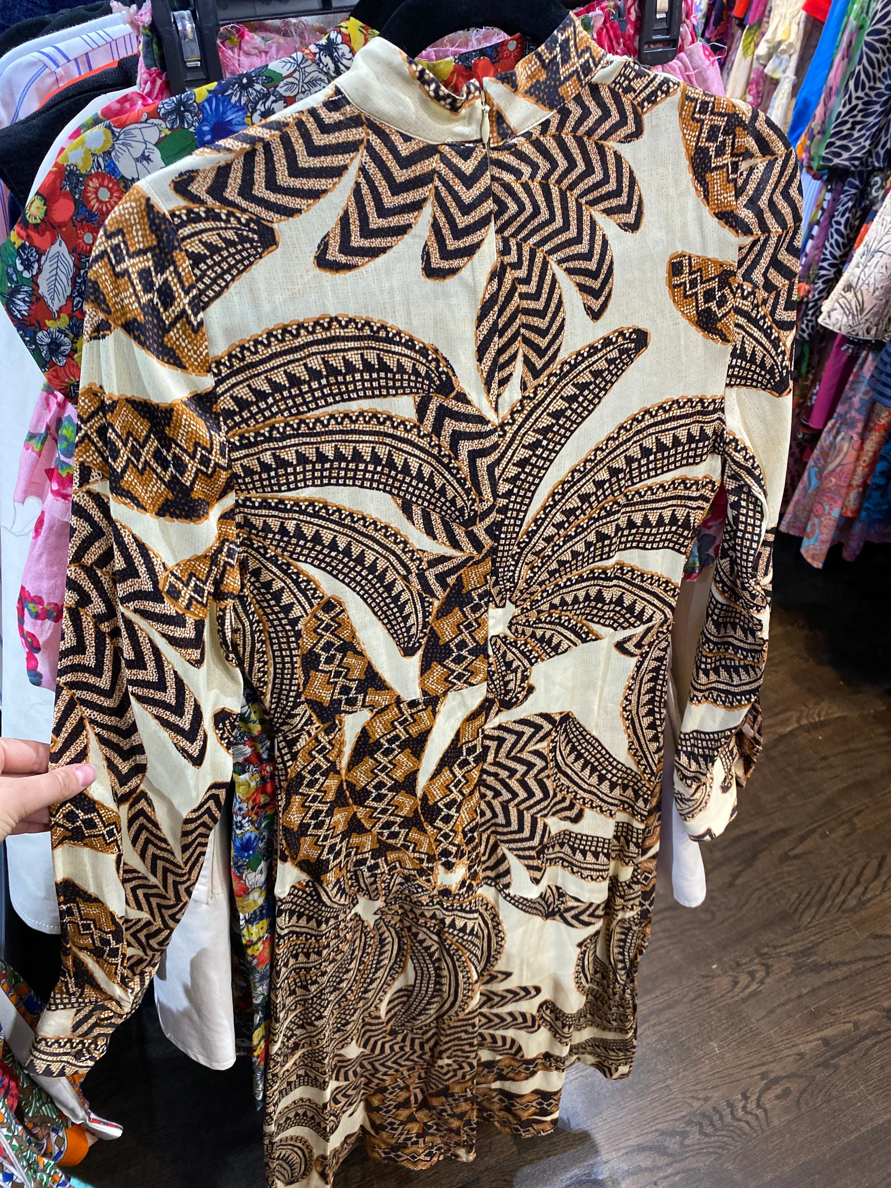 Farm Rio Long Sleeve Brown and Beige Printed Mock Neck Maxi Dress