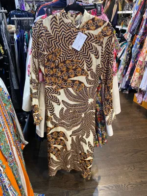 Farm Rio Long Sleeve Brown and Beige Printed Mock Neck Maxi Dress