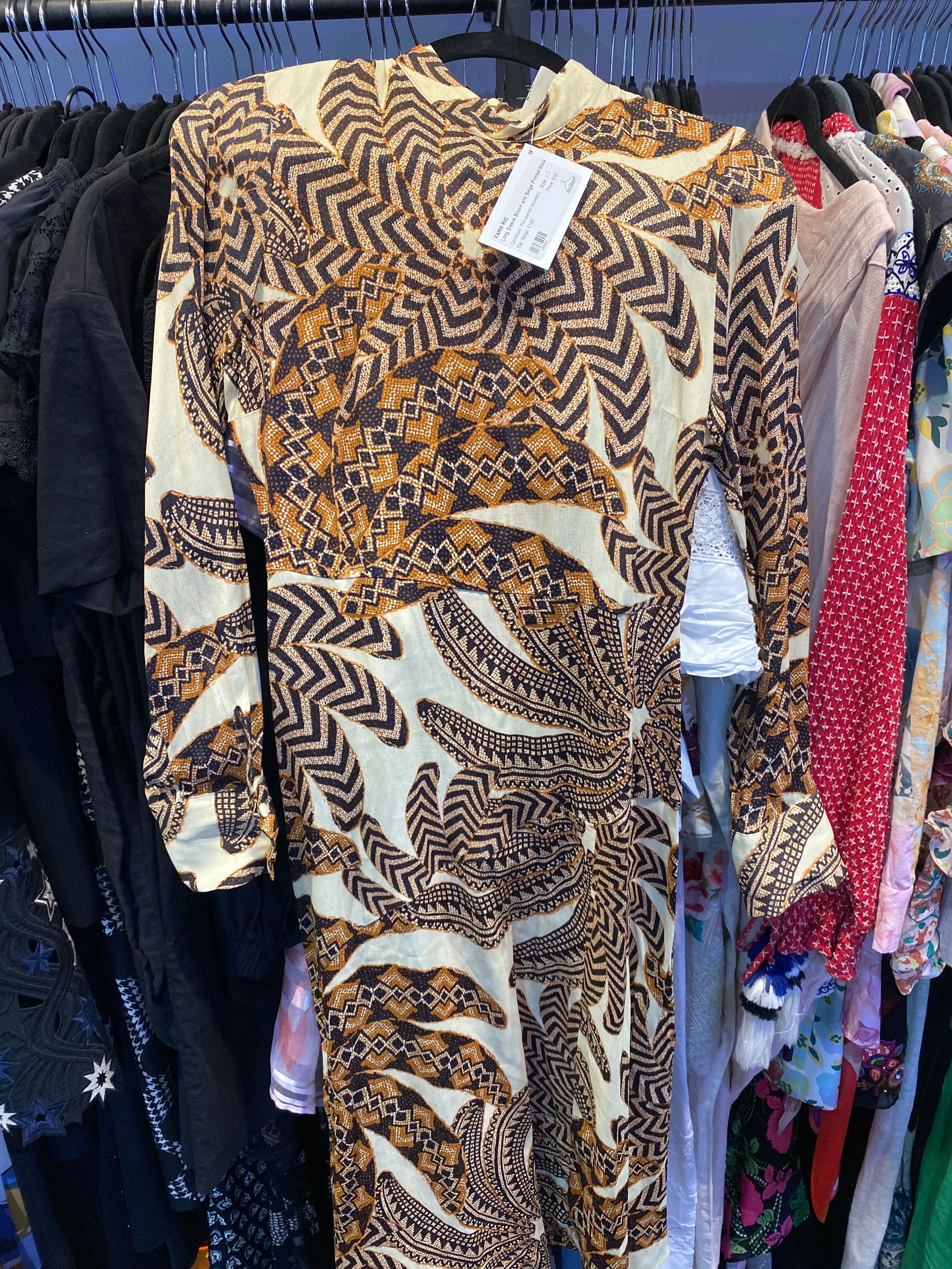 Farm Rio Long Sleeve Brown and Beige Printed Mock Neck Maxi Dress