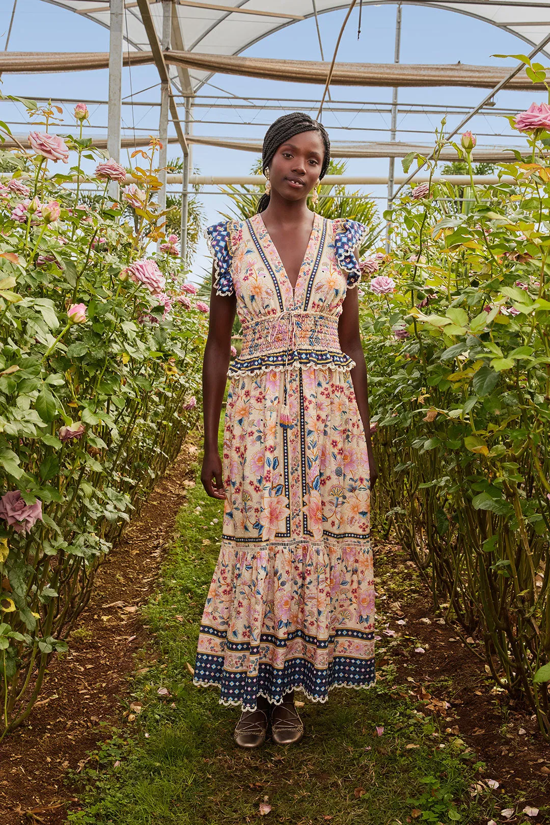 FARM RIO SUPERBLOOM TAPESTRY CREAM MAXI DRESS