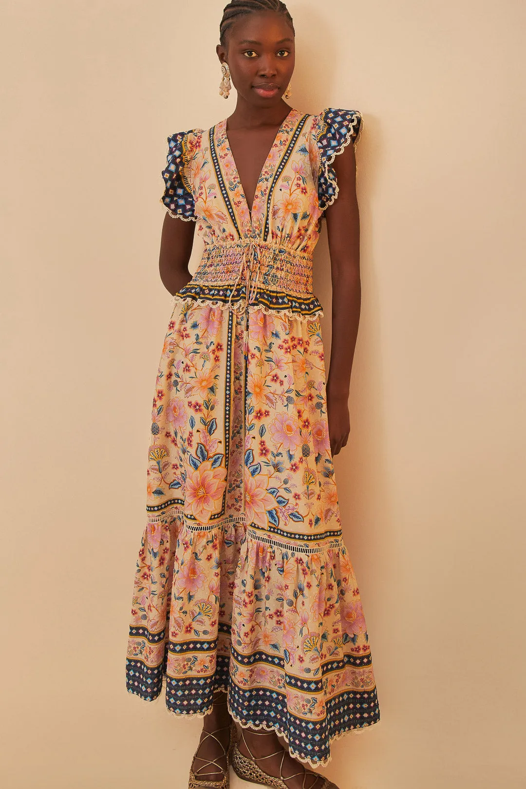 FARM RIO SUPERBLOOM TAPESTRY CREAM MAXI DRESS