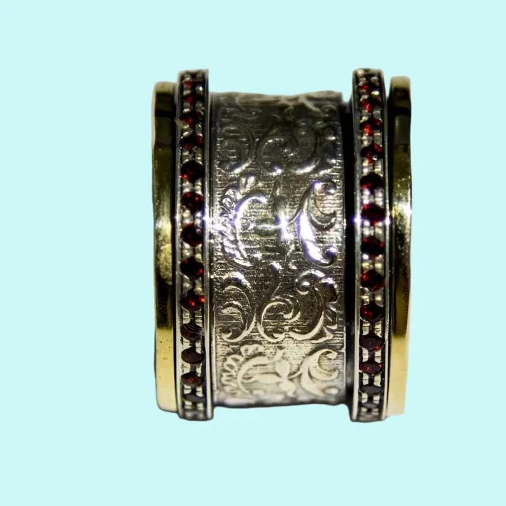 Fidget rings for women, silver gold garnets, floral romantic ring