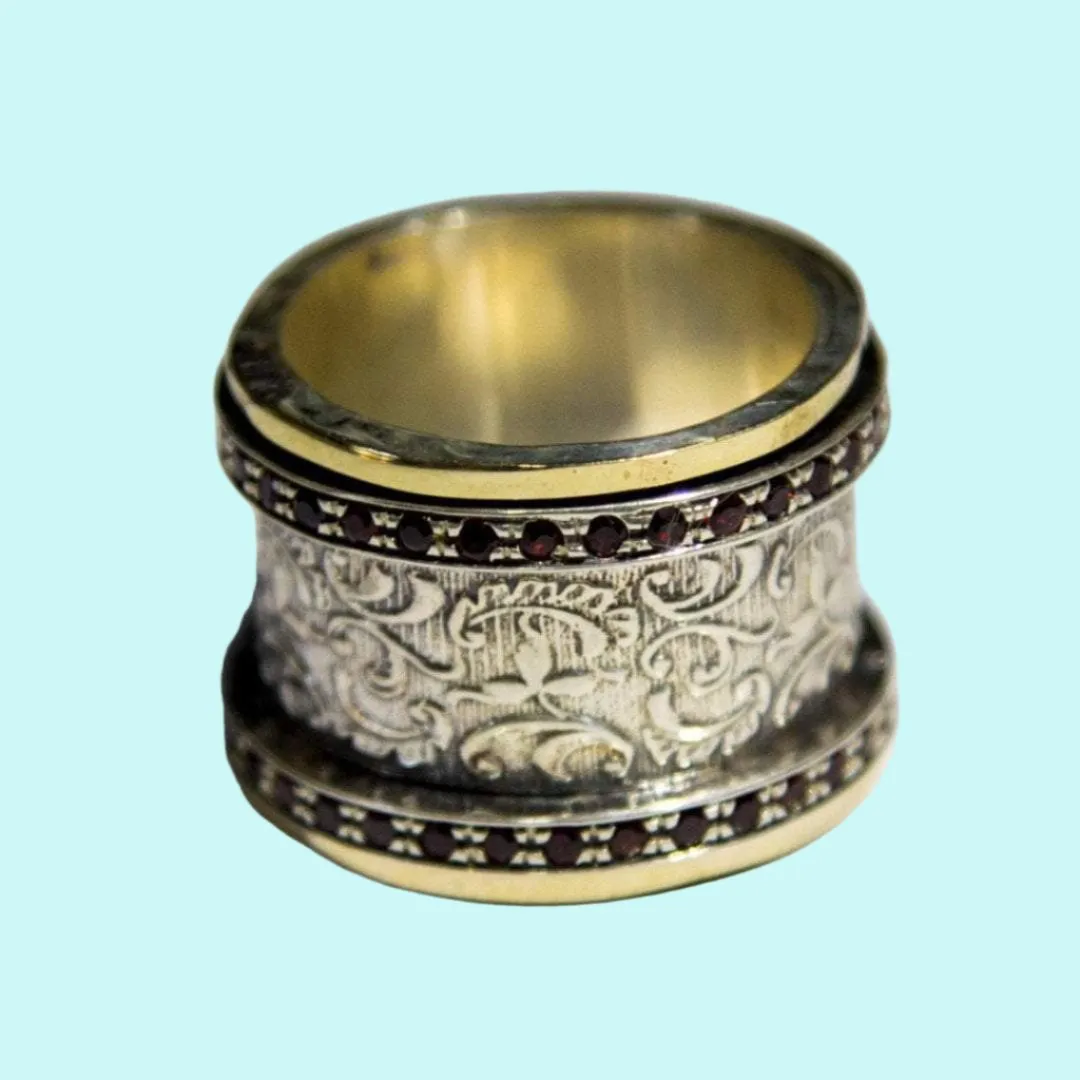 Fidget rings for women, silver gold garnets, floral romantic ring