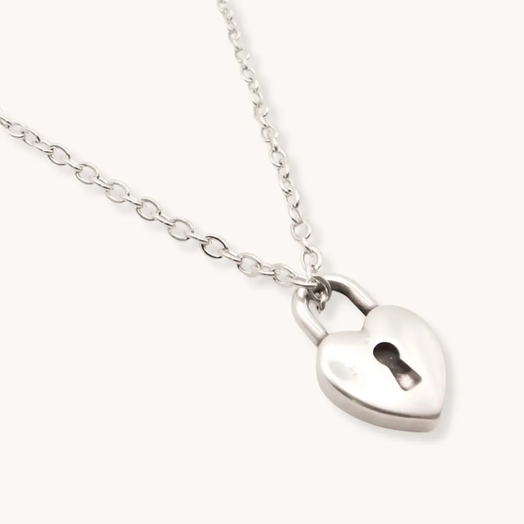 Fine Chain Necklace with Padlock Heart, Silver