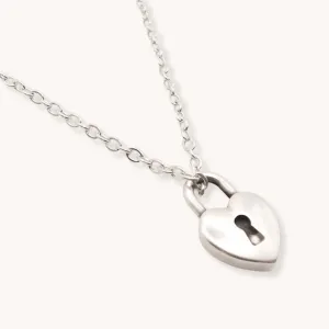 Fine Chain Necklace with Padlock Heart, Silver