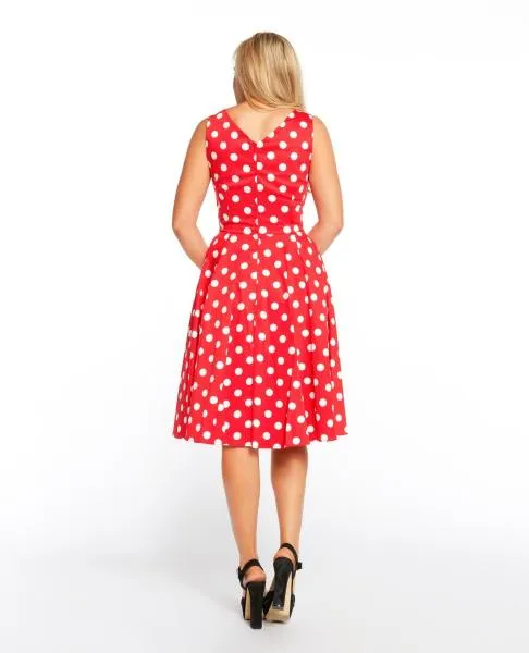 Fit & Flare V-Neck Dot Dress - Red - Size