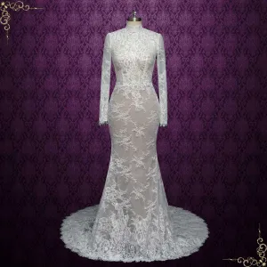 Fitted Lace Wedding Dress with High Neck and Long Sleeves | ALEAH